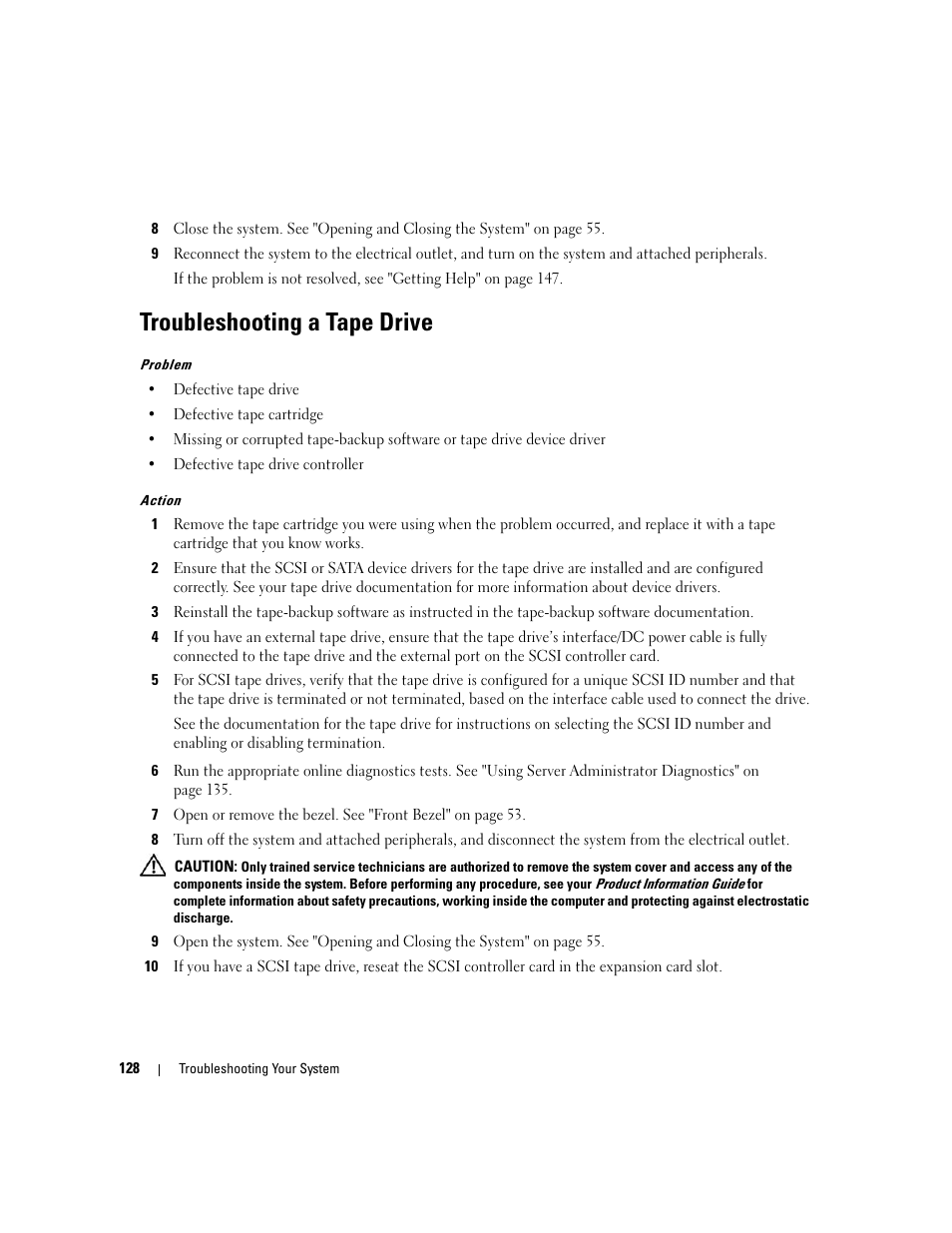 Troubleshooting a tape drive | Dell PowerEdge 2970 User Manual | Page 128 / 188