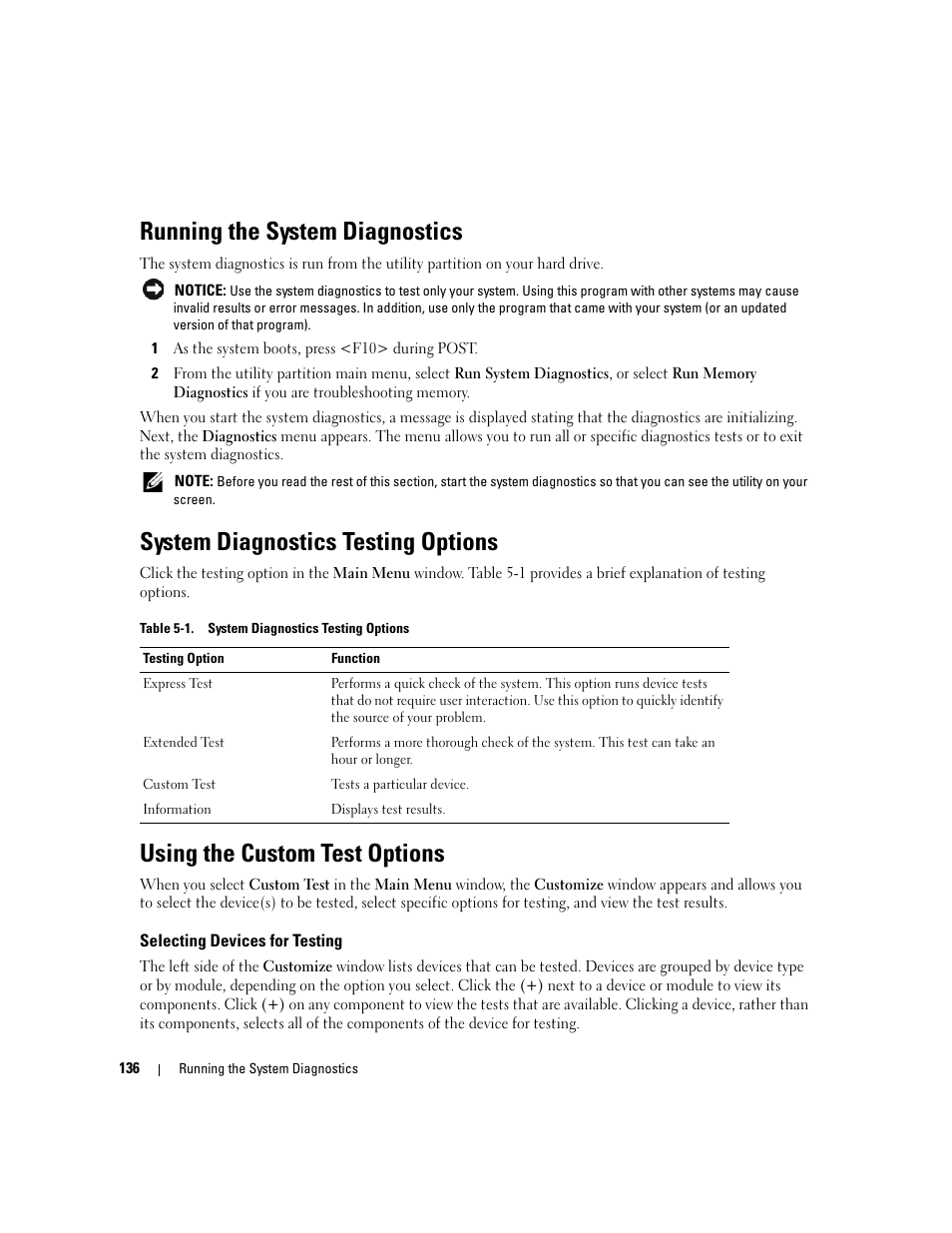 Running the system diagnostics, System diagnostics testing options, Using the custom test options | Selecting devices for testing, Ostics. see "running the system diagnostics" on | Dell PowerEdge 2970 User Manual | Page 136 / 188