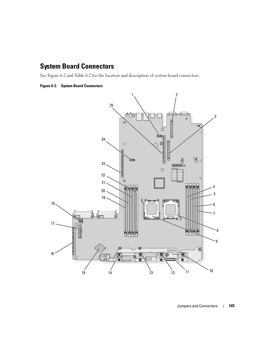 System board connectors, D. see figure 6-2 for the, D. see figure 6-2 | See figure 6-2.) see the user, If applicable. see figure 6-2 for the toe k, Locate the processors, see figure 6-2 | Dell PowerEdge 2970 User Manual | Page 141 / 188