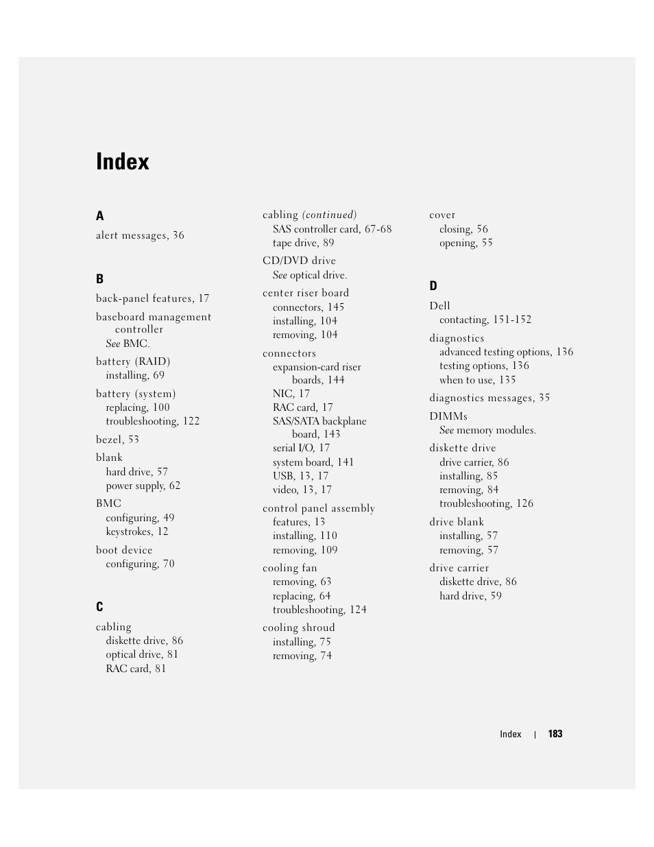 Index | Dell PowerEdge 2970 User Manual | Page 183 / 188
