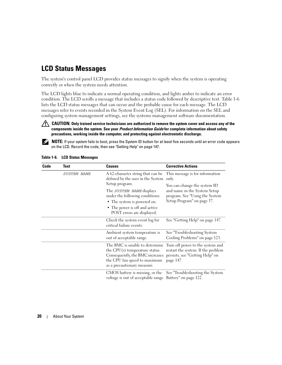 Lcd status messages | Dell PowerEdge 2970 User Manual | Page 20 / 188