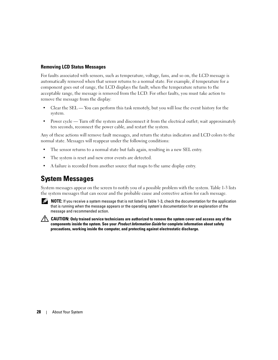 Removing lcd status messages, System messages | Dell PowerEdge 2970 User Manual | Page 28 / 188