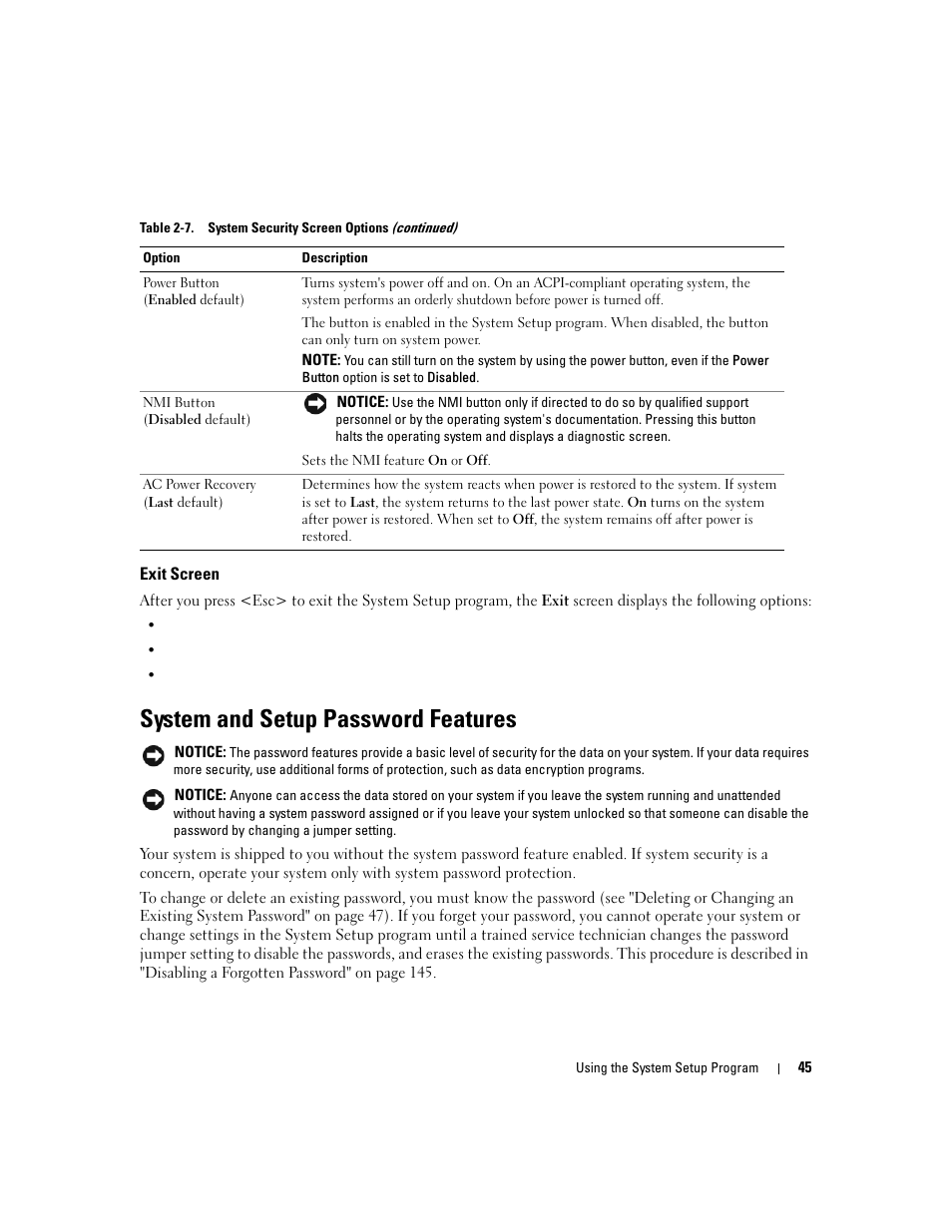 Exit screen, System and setup password features | Dell PowerEdge 2970 User Manual | Page 45 / 188