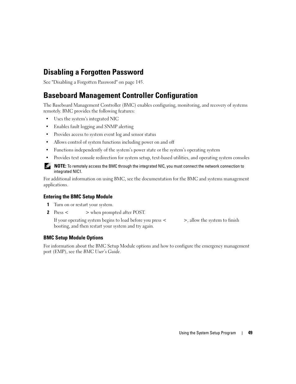 Disabling a forgotten password, Baseboard management controller configuration, Entering the bmc setup module | Bmc setup module options | Dell PowerEdge 2970 User Manual | Page 49 / 188
