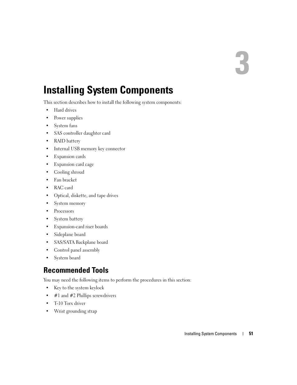 Installing system components, Recommended tools | Dell PowerEdge 2970 User Manual | Page 51 / 188