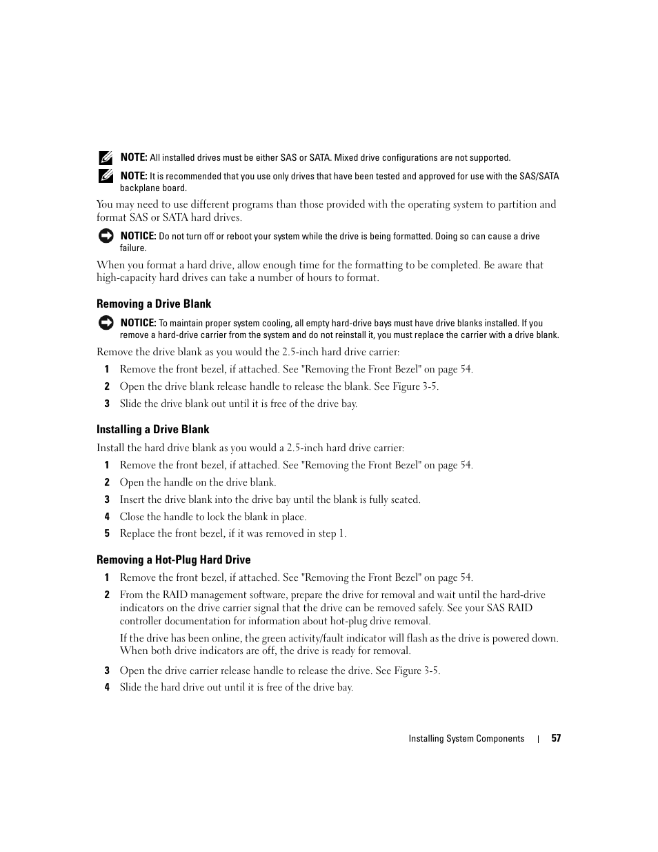 Removing a drive blank, Installing a drive blank, Removing a hot-plug hard drive | Dell PowerEdge 2970 User Manual | Page 57 / 188