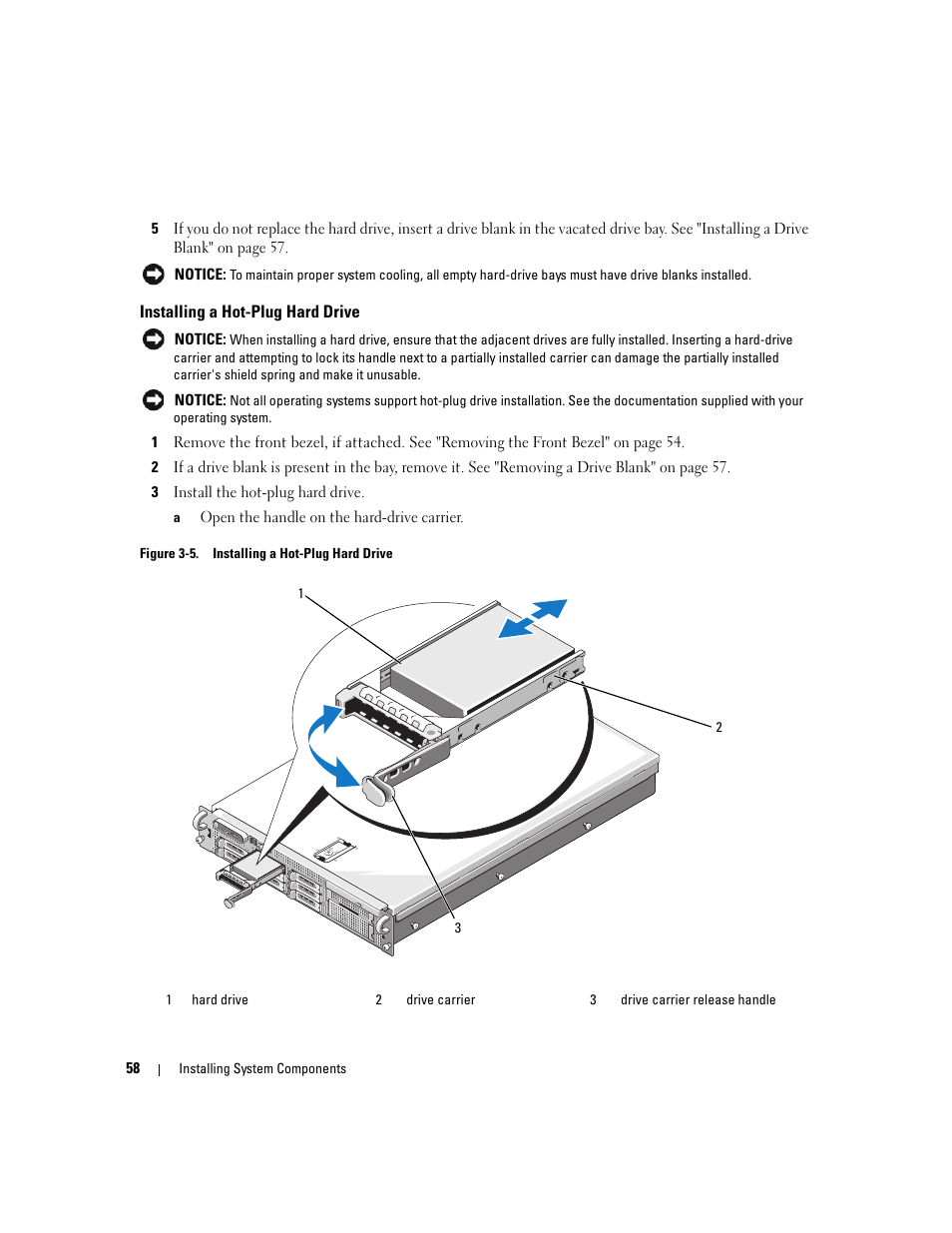 Installing a hot-plug hard drive, Lease the blank. see figure 3-5, Step 1 | Figure 3-5 | Dell PowerEdge 2970 User Manual | Page 58 / 188