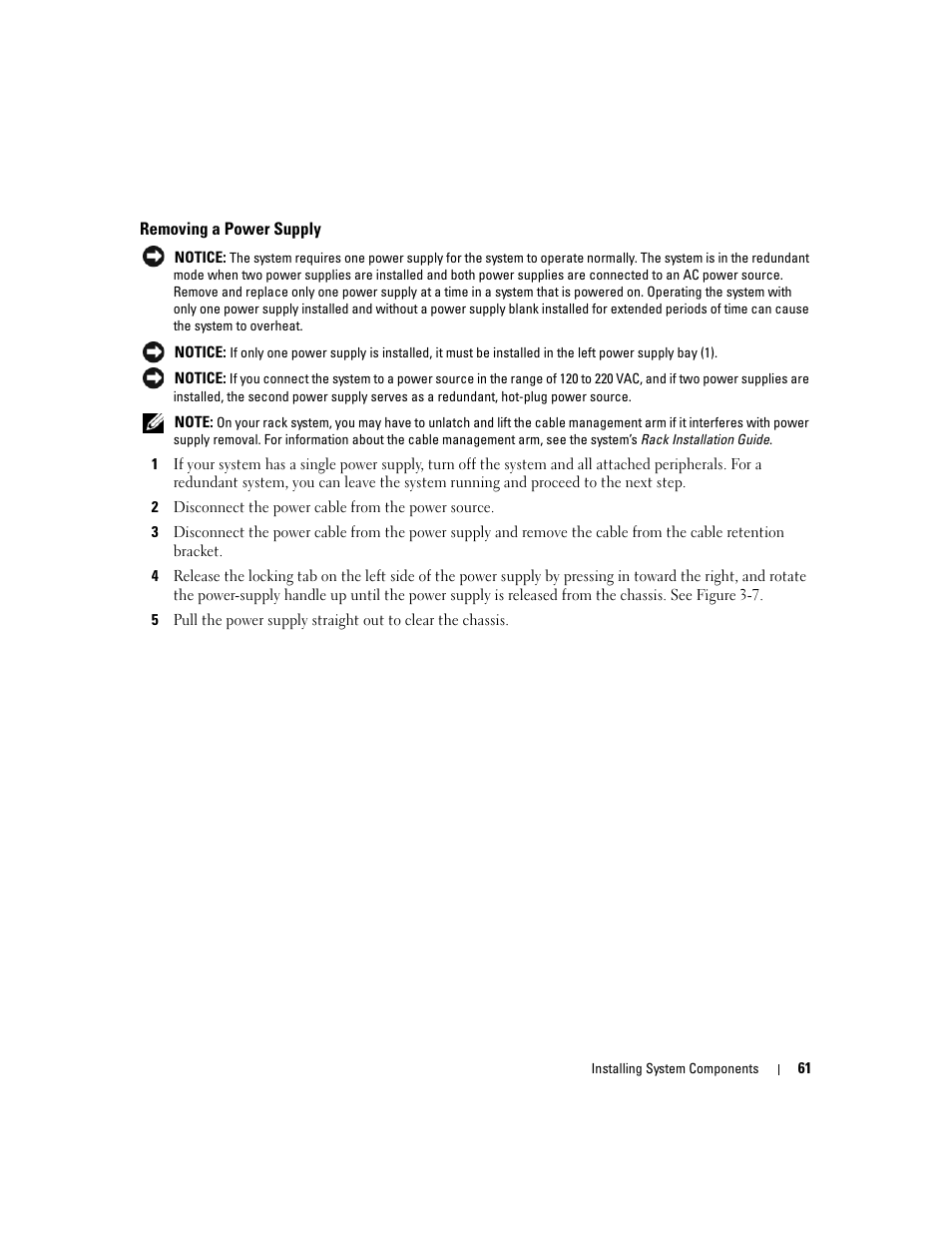 Removing a power supply | Dell PowerEdge 2970 User Manual | Page 61 / 188