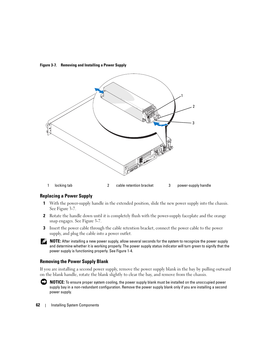 Replacing a power supply, Removing the power supply blank | Dell PowerEdge 2970 User Manual | Page 62 / 188
