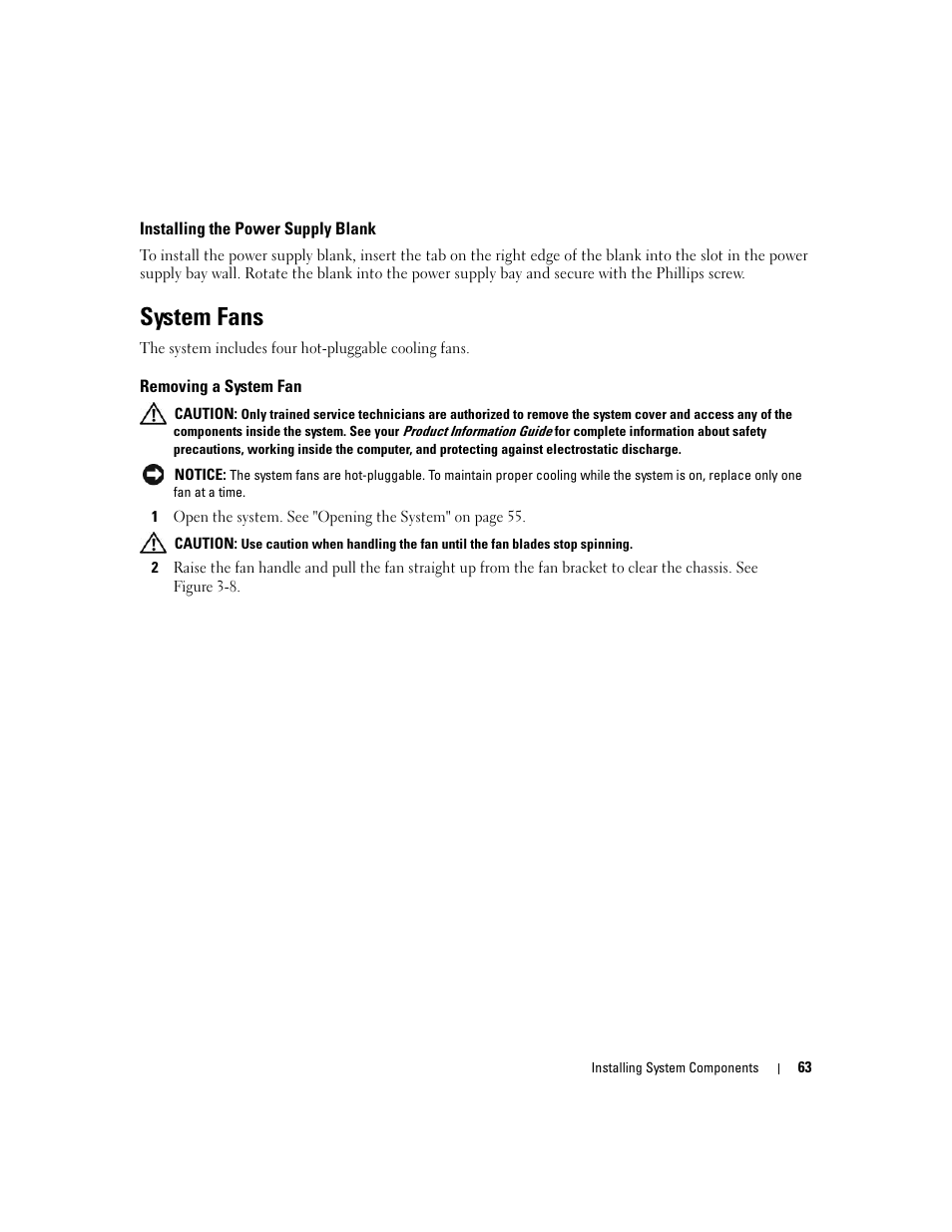 Installing the power supply blank, System fans, Removing a system fan | Dell PowerEdge 2970 User Manual | Page 63 / 188