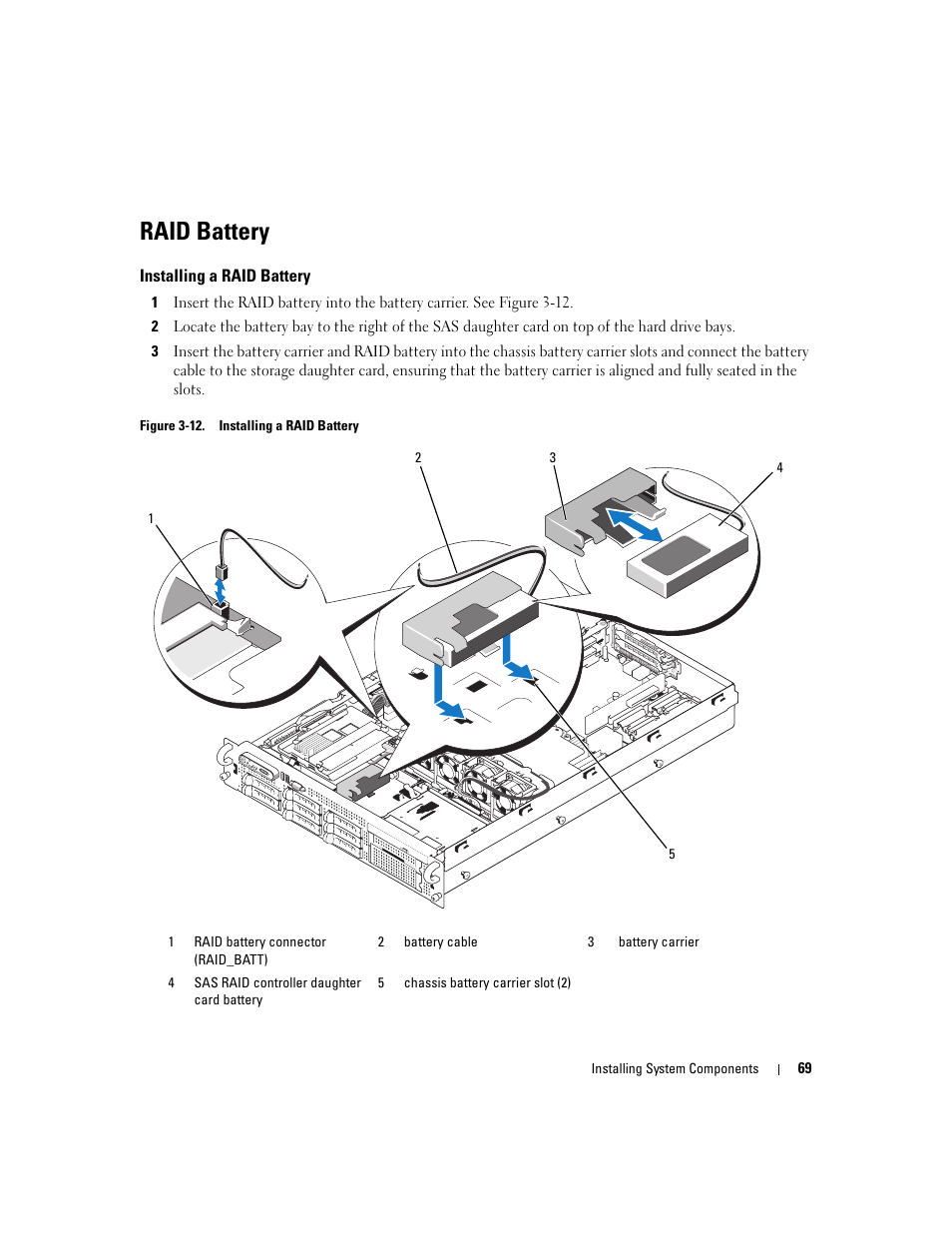 Raid battery, Installing a raid battery | Dell PowerEdge 2970 User Manual | Page 69 / 188