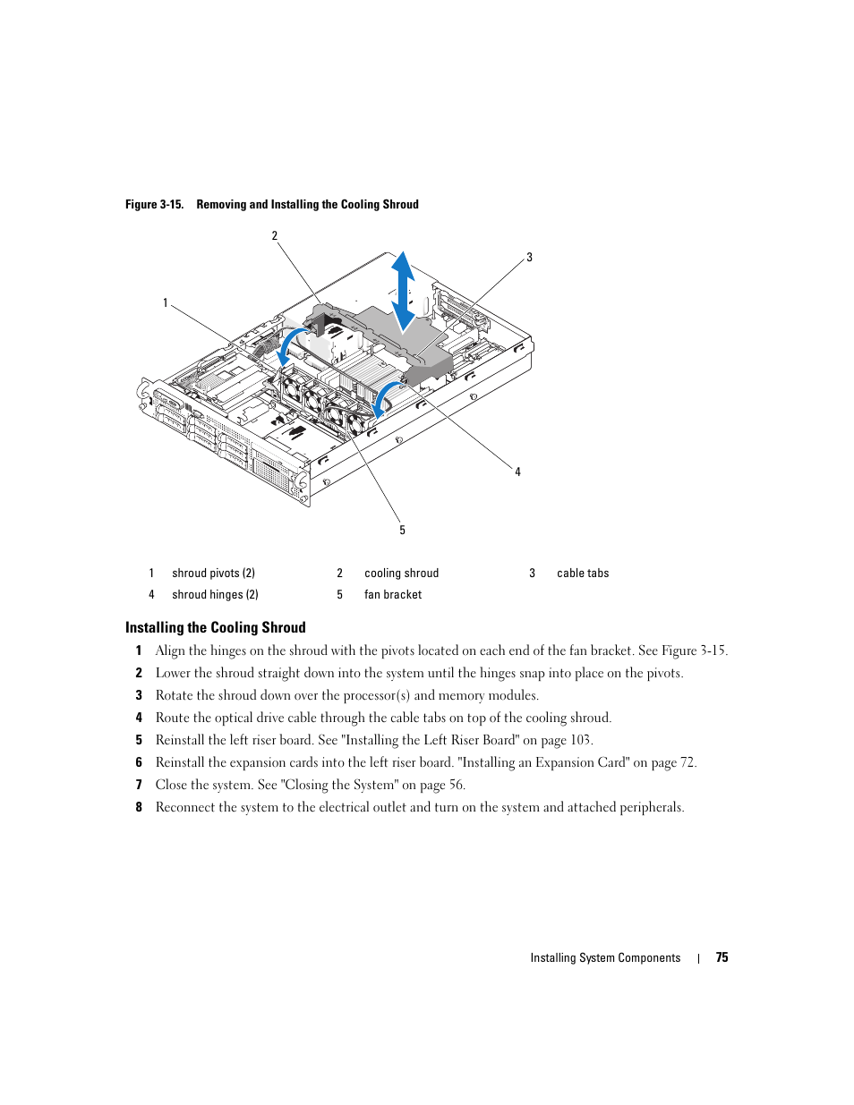 Installing the cooling shroud, Out of the system. see figure 3-15 | Dell PowerEdge 2970 User Manual | Page 75 / 188