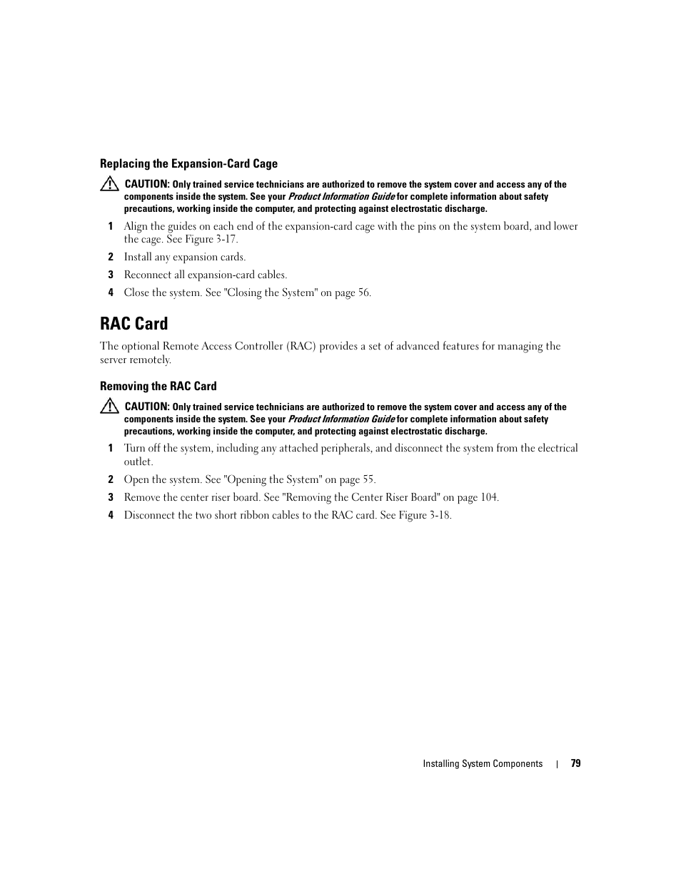 Replacing the expansion-card cage, Rac card, Removing the rac card | Dell PowerEdge 2970 User Manual | Page 79 / 188