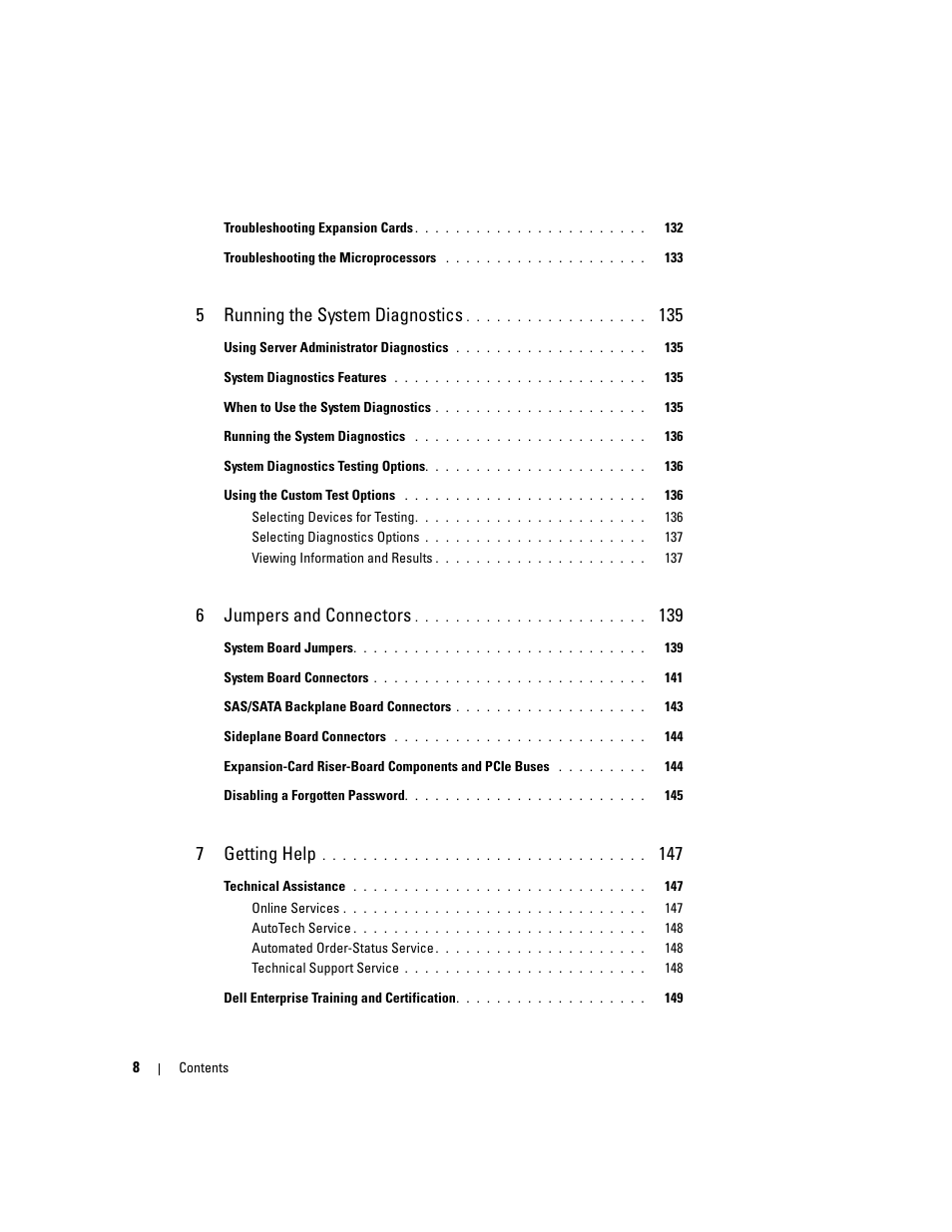 5running the system diagnostics, 6jumpers and connectors, 7getting help | Dell PowerEdge 2970 User Manual | Page 8 / 188