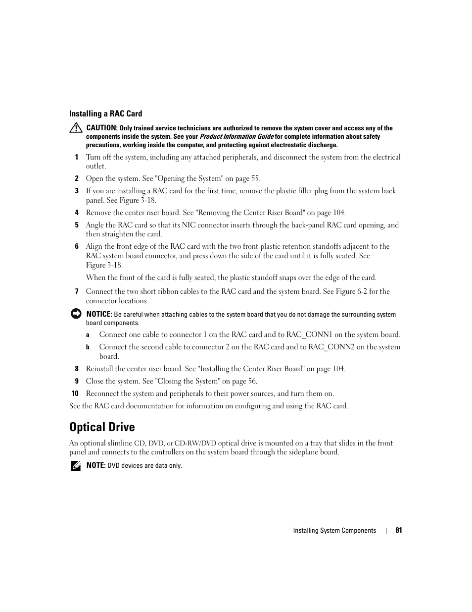 Installing a rac card, Optical drive | Dell PowerEdge 2970 User Manual | Page 81 / 188