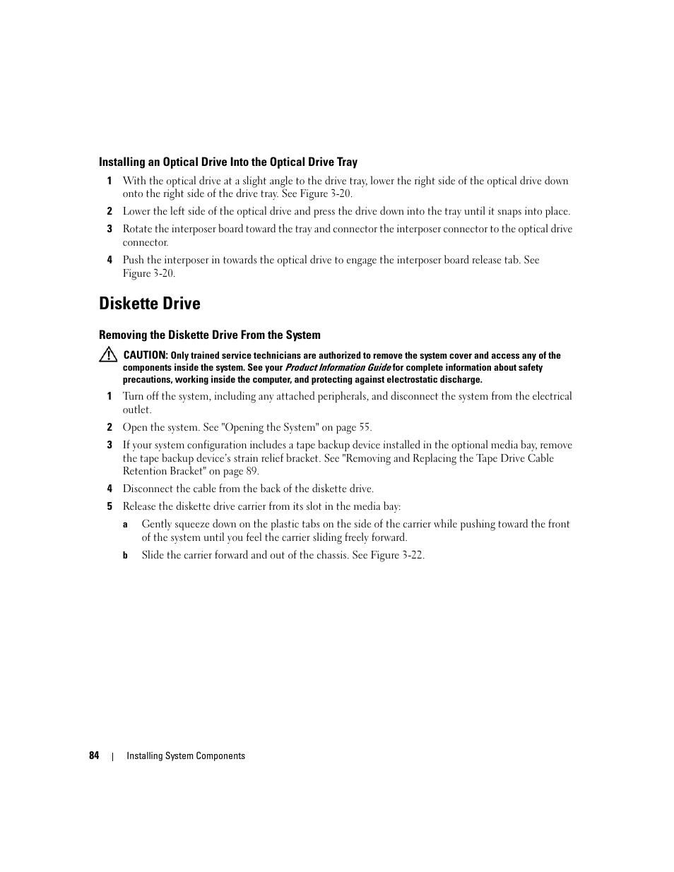 Diskette drive, Removing the diskette drive from the system | Dell PowerEdge 2970 User Manual | Page 84 / 188