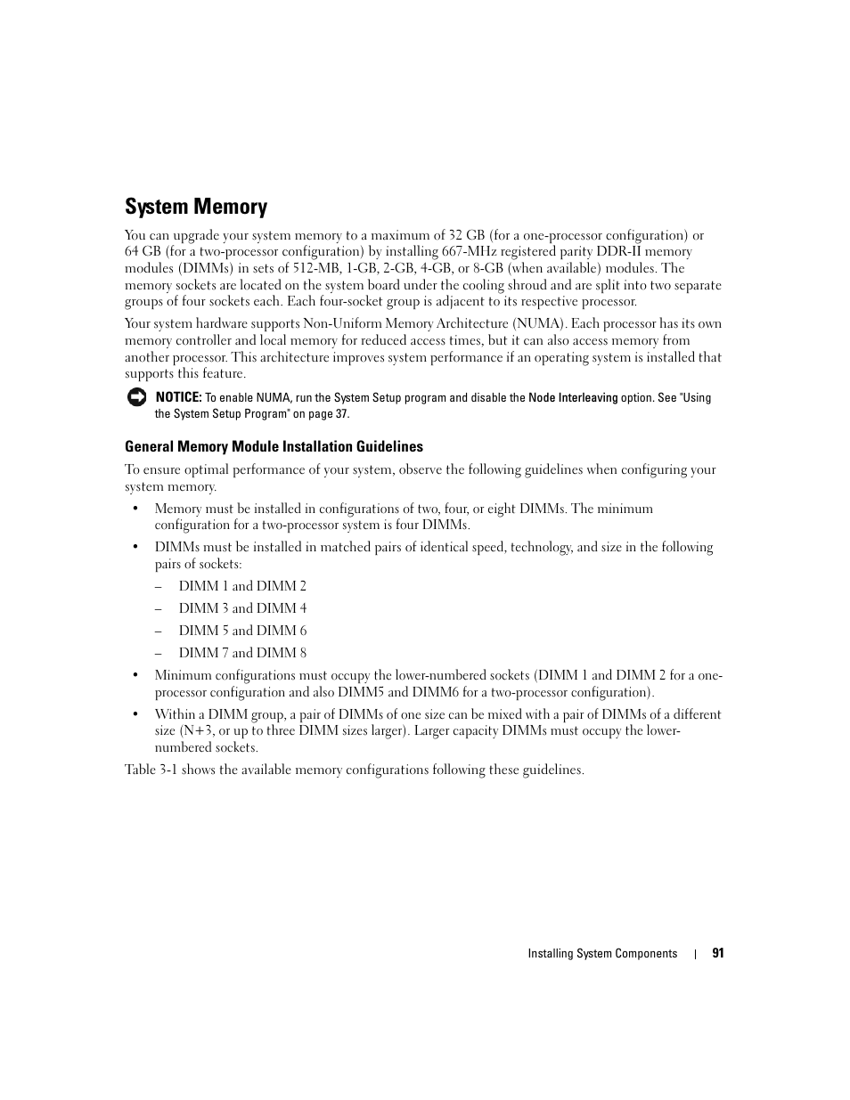 System memory, General memory module installation guidelines | Dell PowerEdge 2970 User Manual | Page 91 / 188
