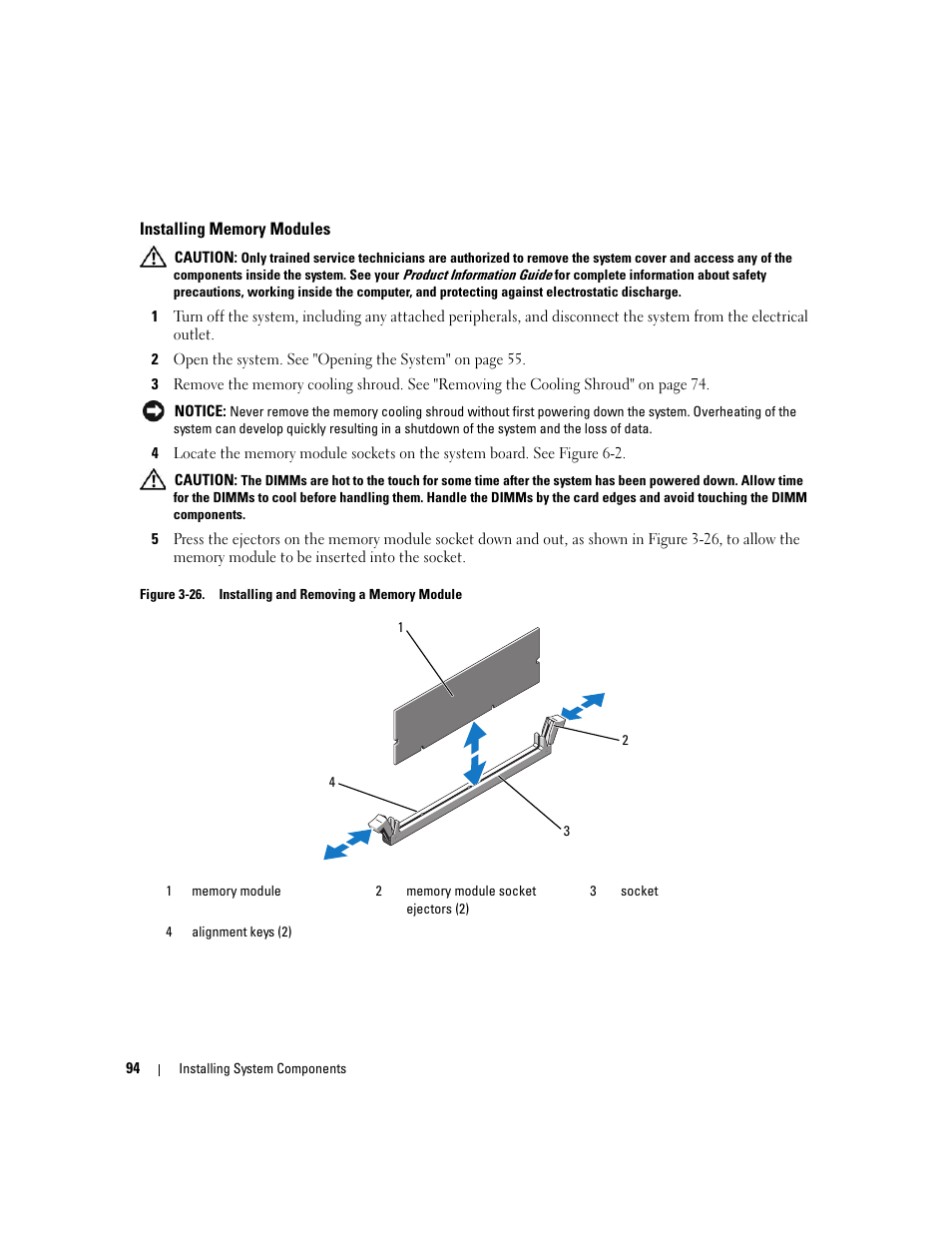 Installing memory modules | Dell PowerEdge 2970 User Manual | Page 94 / 188