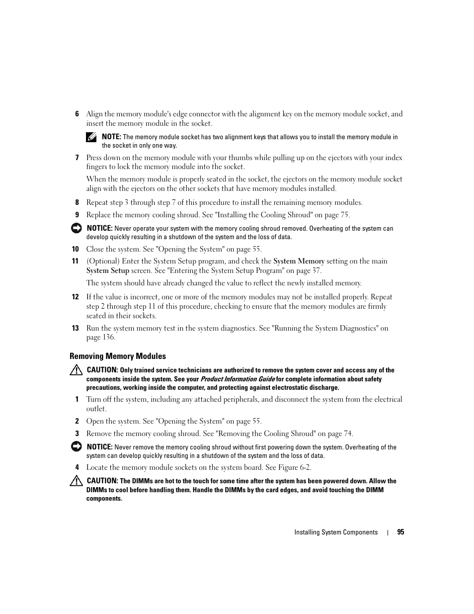 Removing memory modules | Dell PowerEdge 2970 User Manual | Page 95 / 188