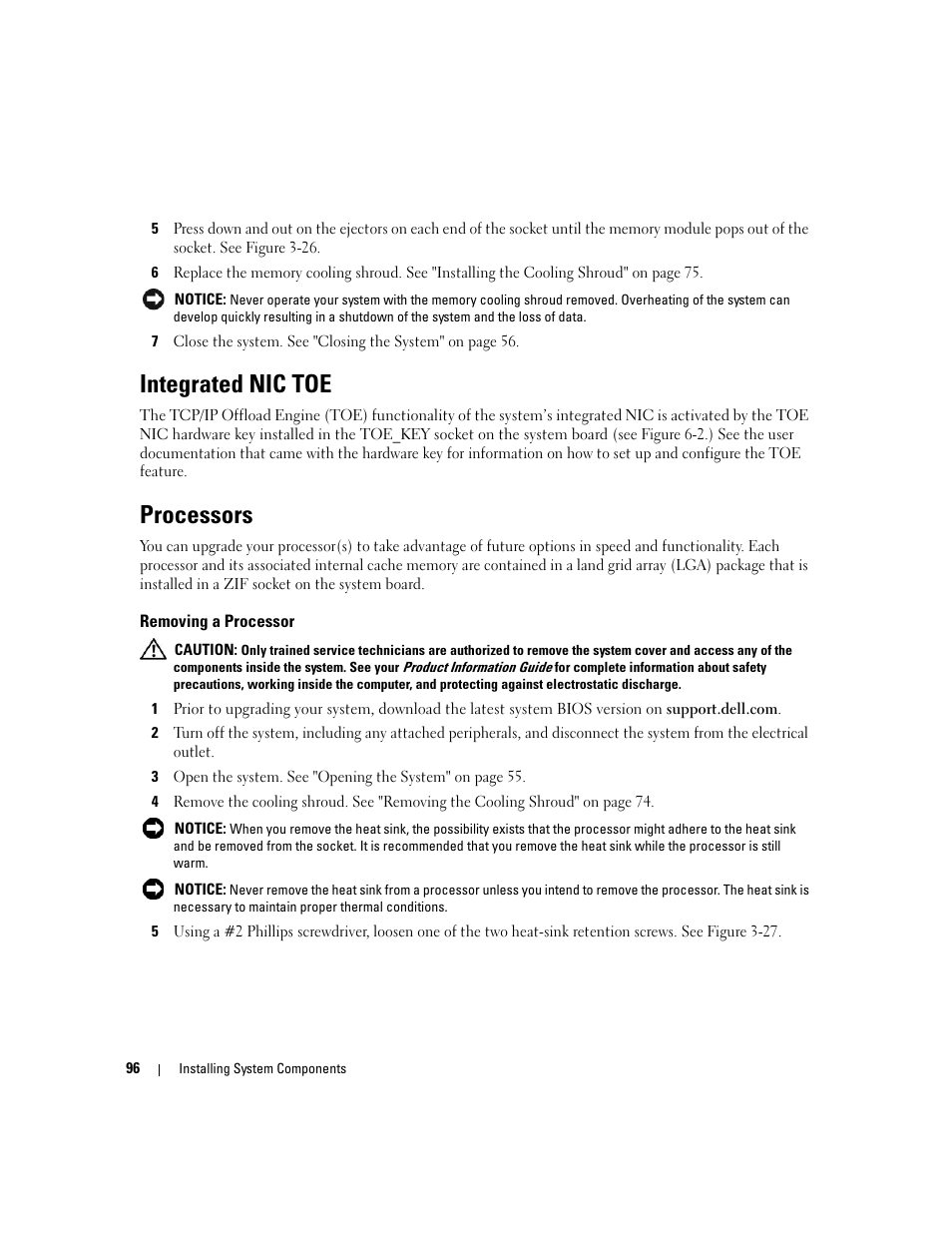 Integrated nic toe, Processors, Removing a processor | Dell PowerEdge 2970 User Manual | Page 96 / 188