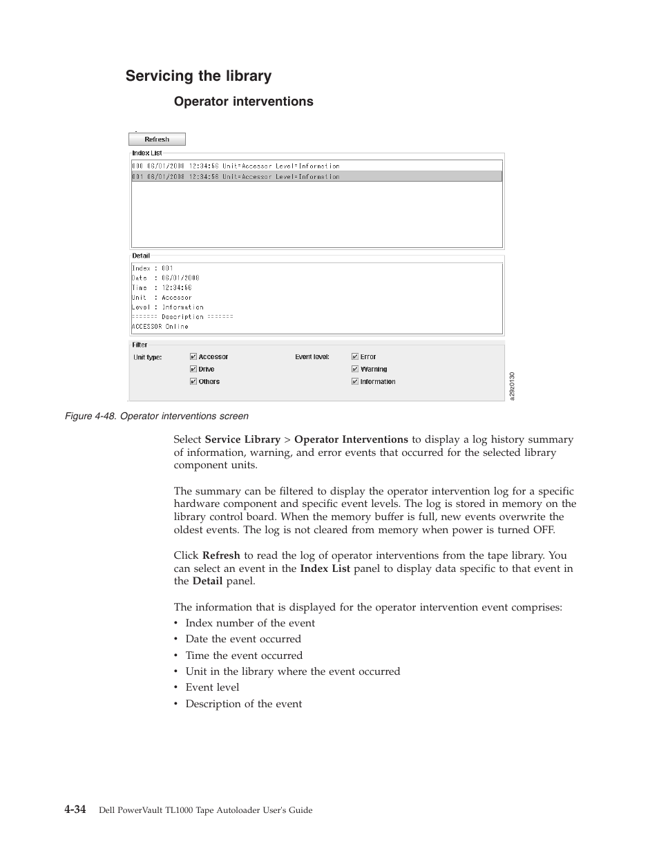 Servicing the library, Operator interventions, Operator interventions screen | Dell PowerVault TL1000 User Manual | Page 102 / 194