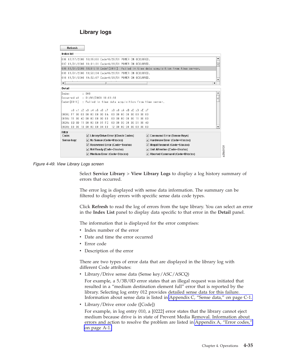 Library logs, View library logs screen | Dell PowerVault TL1000 User Manual | Page 103 / 194