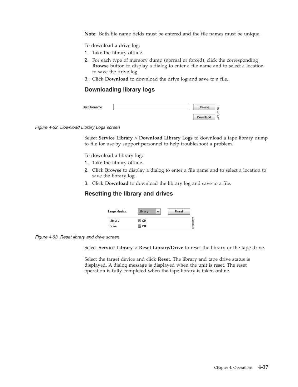 Downloading library logs, Resetting the library and drives, Download library logs screen | Reset library and drive screen | Dell PowerVault TL1000 User Manual | Page 105 / 194