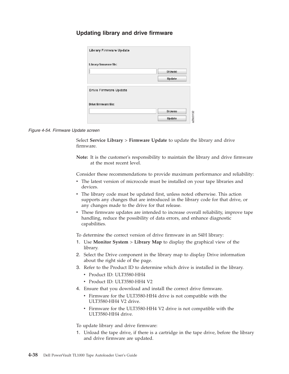 Updating library and drive firmware, Firmware update screen | Dell PowerVault TL1000 User Manual | Page 106 / 194