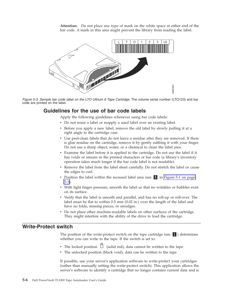 Guidelines for the use of bar code labels, Write-protect switch | Dell PowerVault TL1000 User Manual | Page 114 / 194