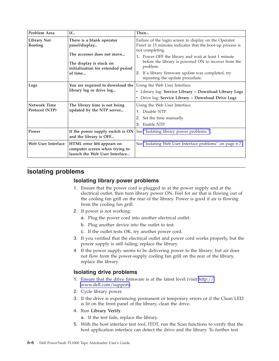 Isolating problems, Isolating library power problems, Isolating drive problems | Dell PowerVault TL1000 User Manual | Page 124 / 194