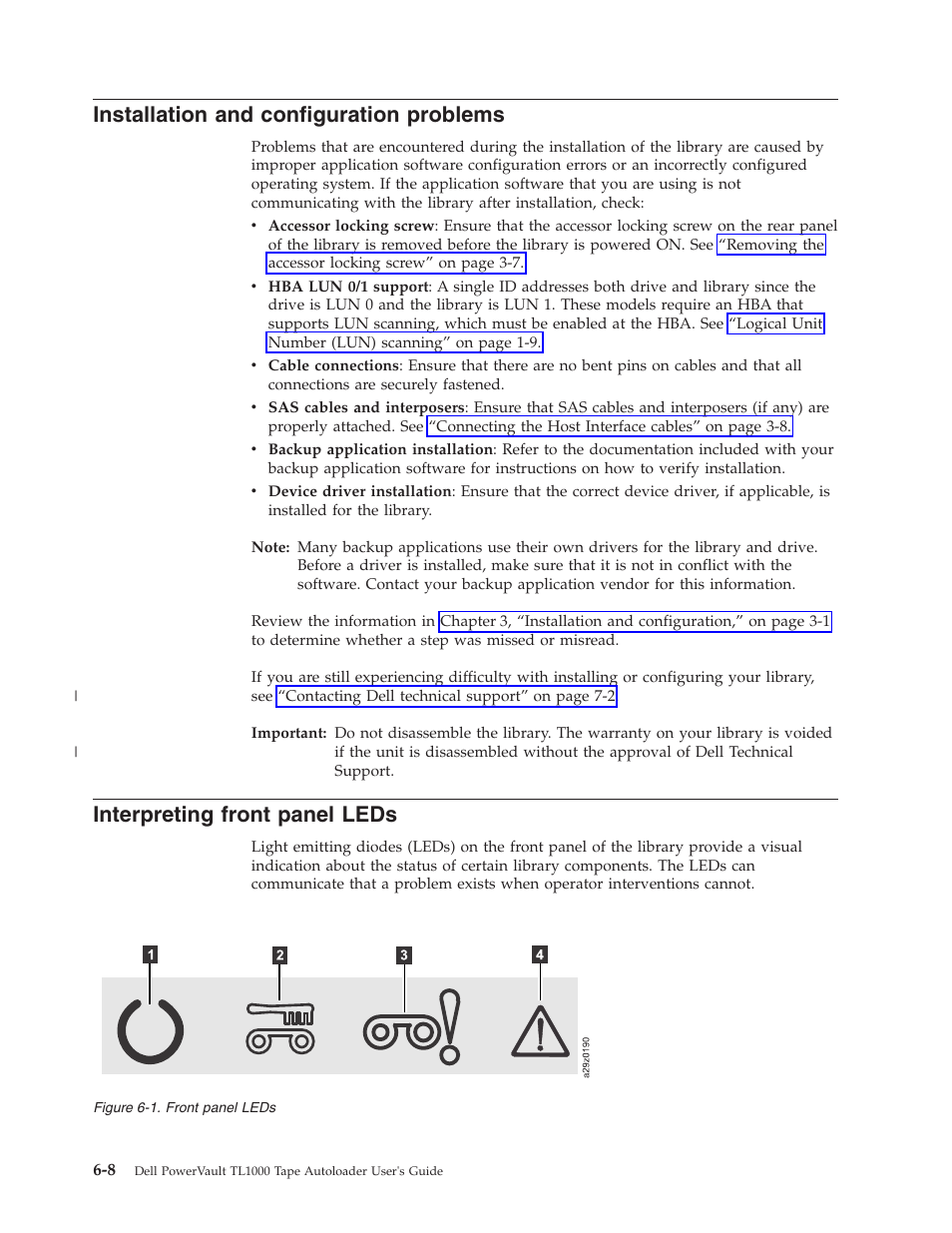 Installation and configuration problems, Interpreting front panel leds, Front panel leds | Dell PowerVault TL1000 User Manual | Page 126 / 194
