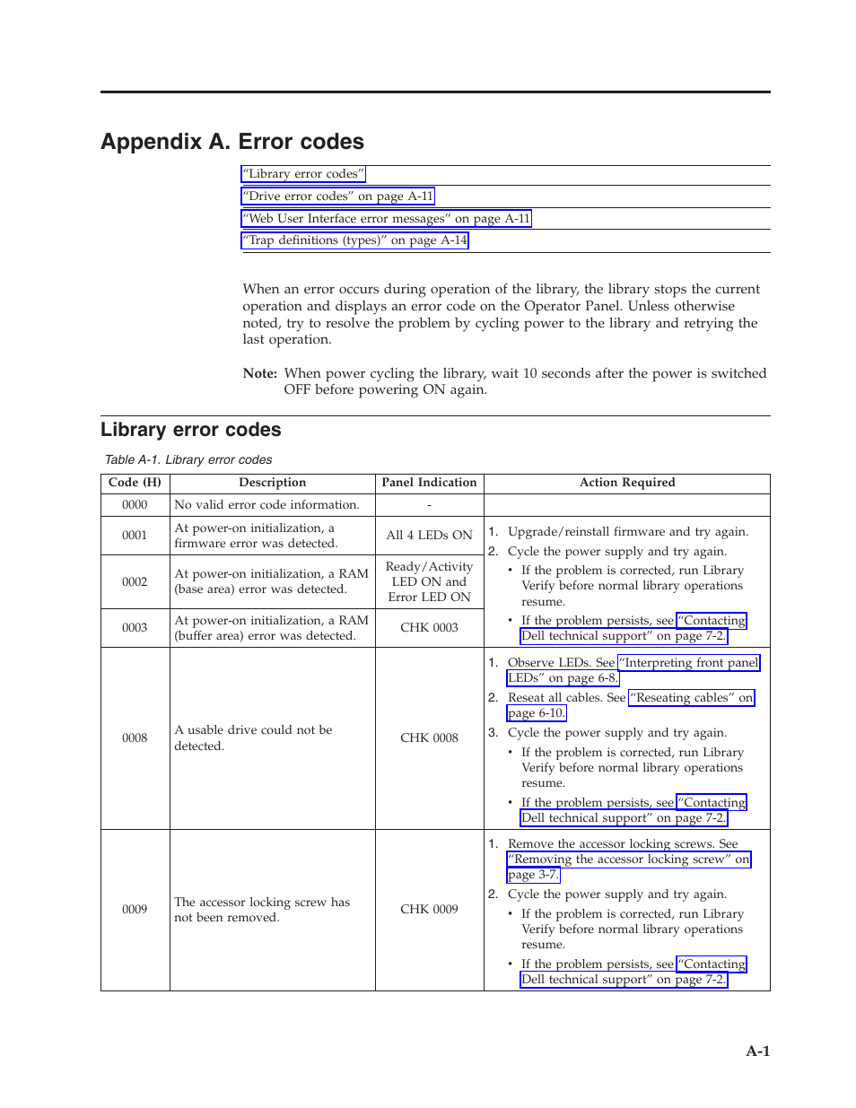 Appendix a. error codes, Library error codes | Dell PowerVault TL1000 User Manual | Page 133 / 194