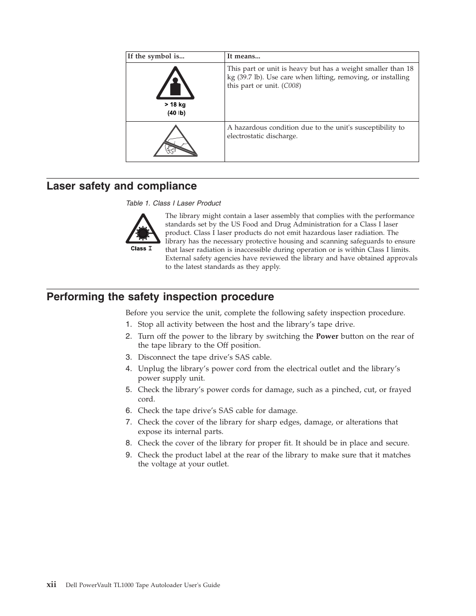 Laser safety and compliance, Performing the safety inspection procedure, Class i laser product | Dell PowerVault TL1000 User Manual | Page 14 / 194