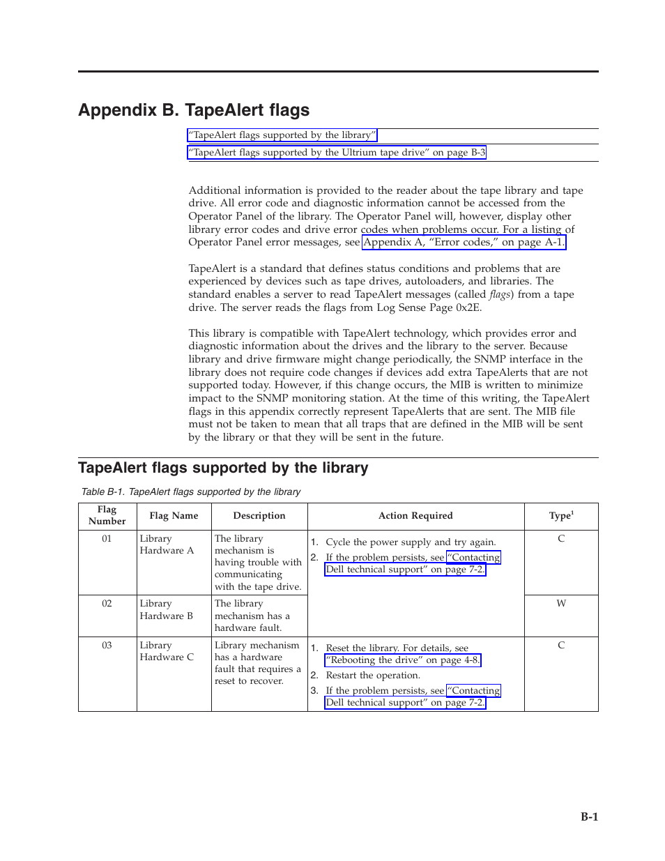 Appendix b. tapealert flags, Tapealert flags supported by the library, Appendix b. tapealert flags . . . . . b-1 | Dell PowerVault TL1000 User Manual | Page 147 / 194