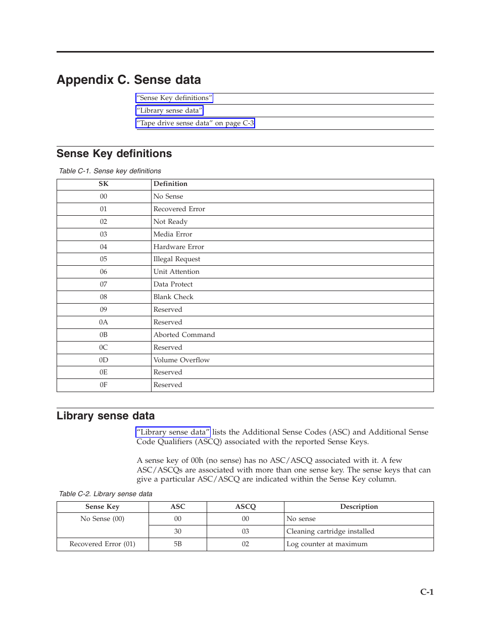 Appendix c. sense data, Sense key definitions, Library sense data | Appendix c. sense data . . . . . . . c-1 | Dell PowerVault TL1000 User Manual | Page 153 / 194