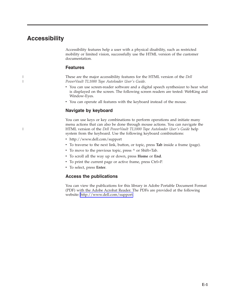 Accessibility, Accessibility . . . . . . . . . . . . e-1 | Dell PowerVault TL1000 User Manual | Page 167 / 194