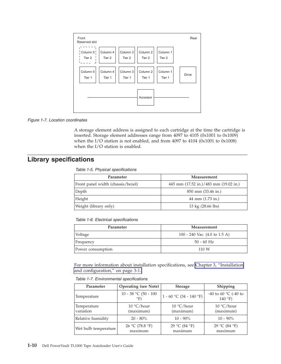 Library specifications, Location coordinates, Physical specifications | Electrical specifications, Environmental specifications | Dell PowerVault TL1000 User Manual | Page 28 / 194