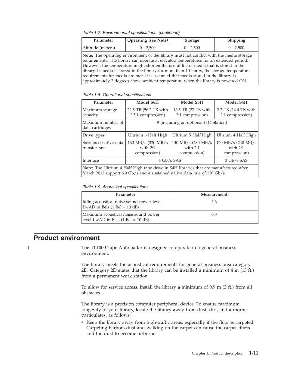 Product environment, Operational specifications, Acoustical specifications | Dell PowerVault TL1000 User Manual | Page 29 / 194