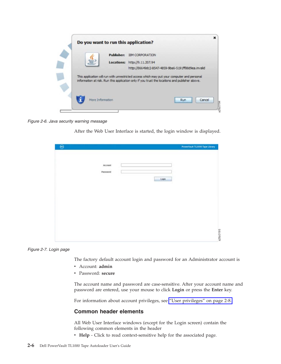 Java security warning message, Common header elements | Dell PowerVault TL1000 User Manual | Page 36 / 194
