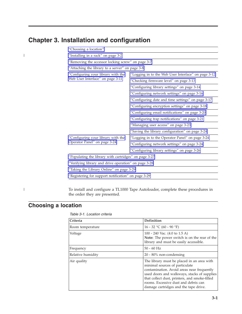 Chapter 3. installation and configuration, Choosing a location, Chapter 3. installation and configuration -1 | Location criteria | Dell PowerVault TL1000 User Manual | Page 39 / 194