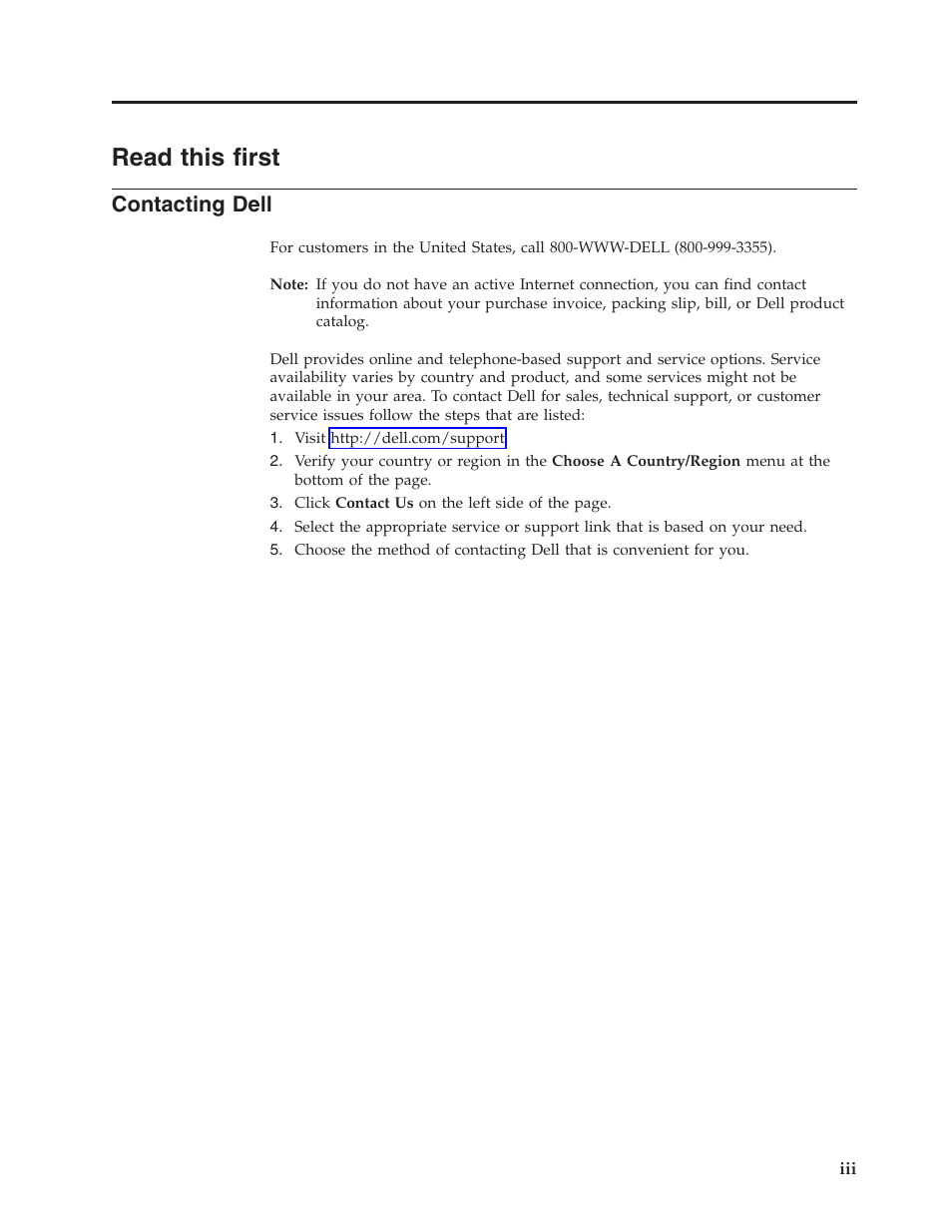Read this first, Contacting dell | Dell PowerVault TL1000 User Manual | Page 5 / 194