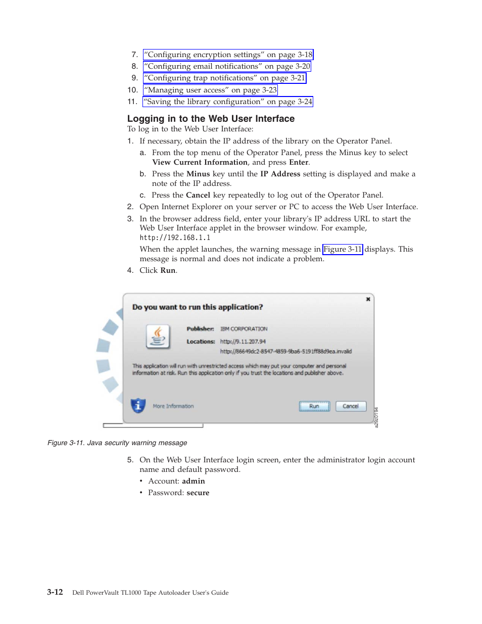 Logging in to the web user interface, Java security warning message | Dell PowerVault TL1000 User Manual | Page 50 / 194
