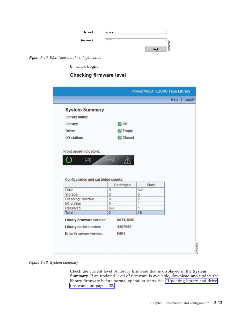 Checking firmware level, Web user interface login screen, System summary | Dell PowerVault TL1000 User Manual | Page 51 / 194