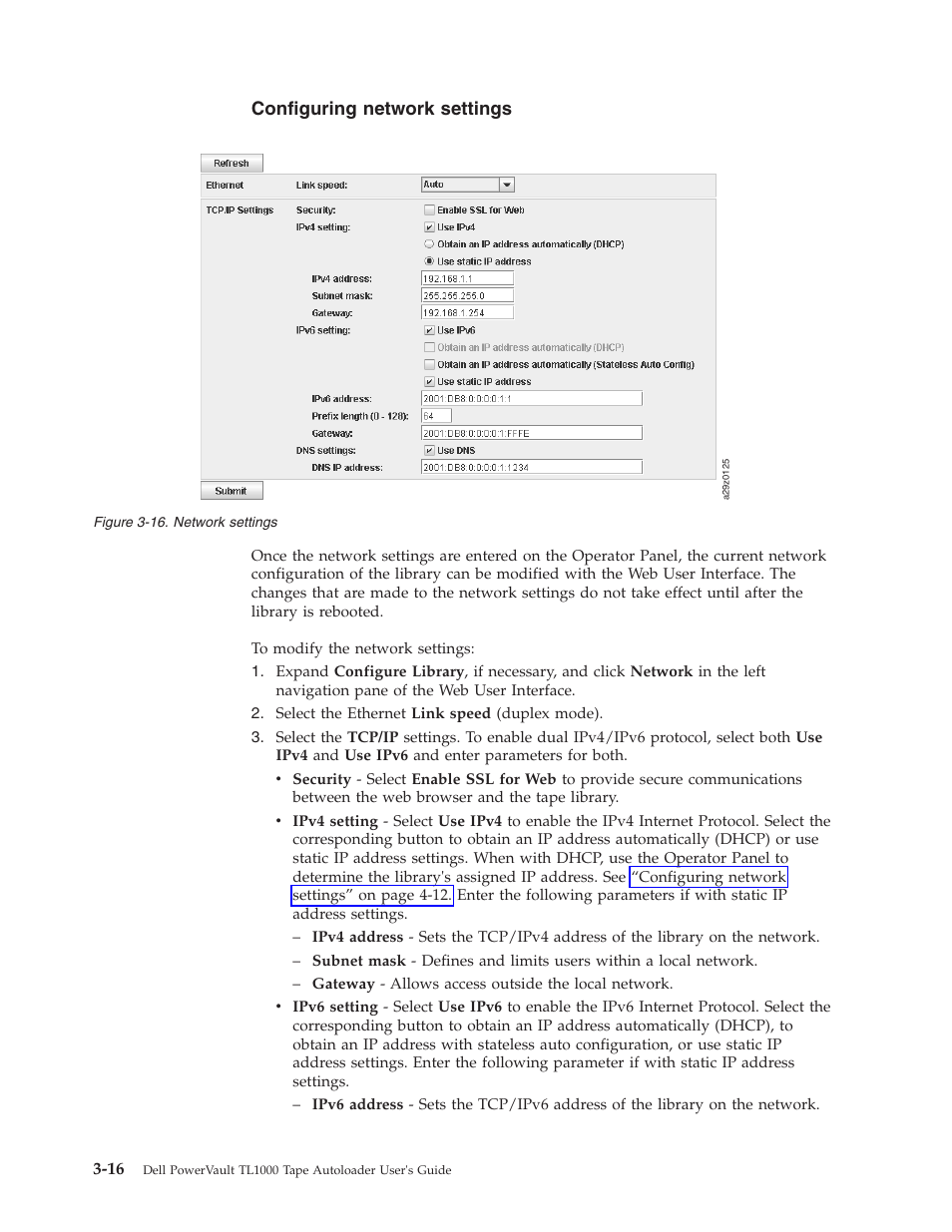 Configuring network settings, Network settings | Dell PowerVault TL1000 User Manual | Page 54 / 194