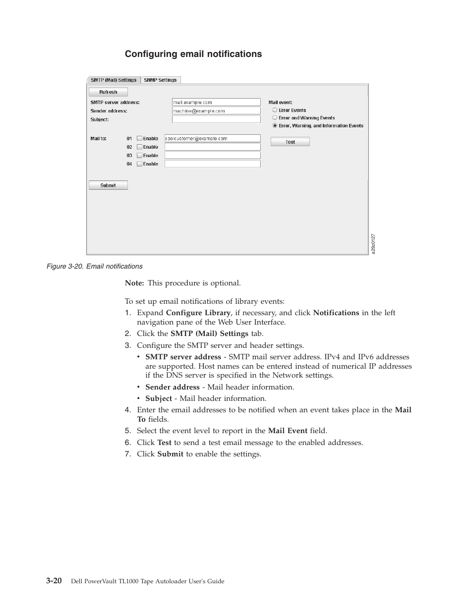 Configuring email notifications, Email notifications | Dell PowerVault TL1000 User Manual | Page 58 / 194