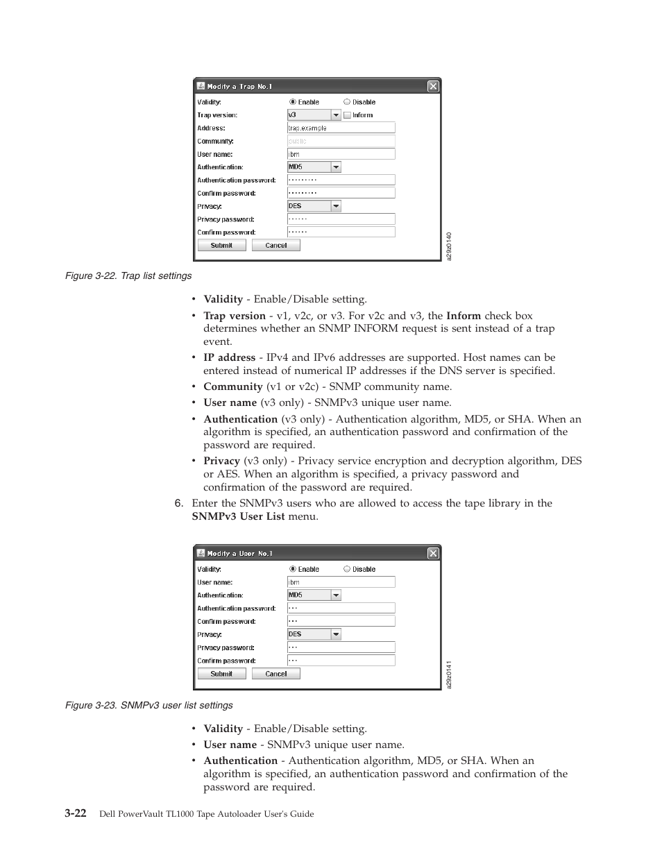 Trap list settings, Snmpv3 user list settings | Dell PowerVault TL1000 User Manual | Page 60 / 194
