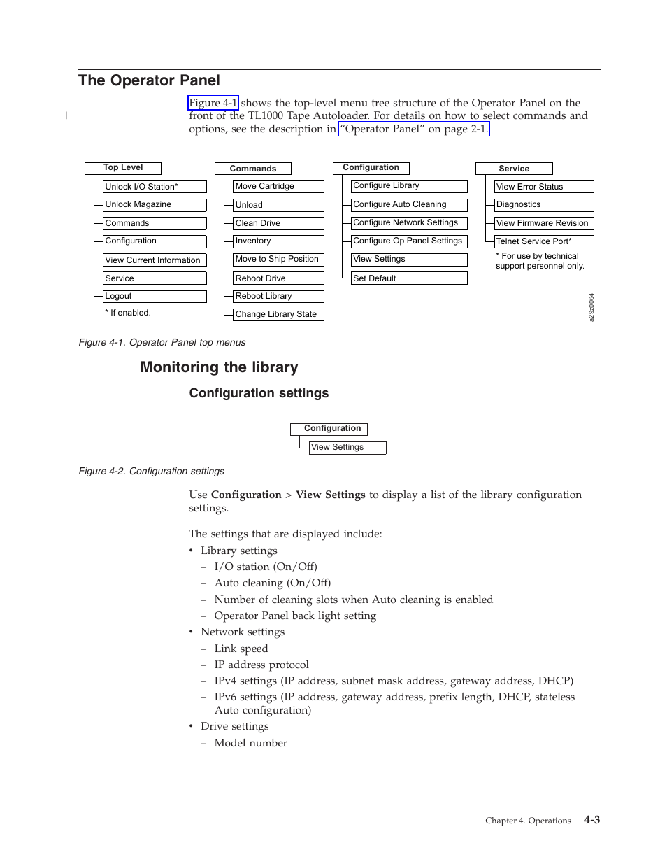 The operator panel, Monitoring the library, Configuration settings | Operator panel top menus | Dell PowerVault TL1000 User Manual | Page 71 / 194