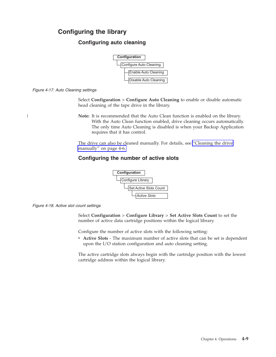 Configuring the library, Configuring auto cleaning, Configuring the number of active slots | Auto cleaning settings, Active slot count settings | Dell PowerVault TL1000 User Manual | Page 77 / 194