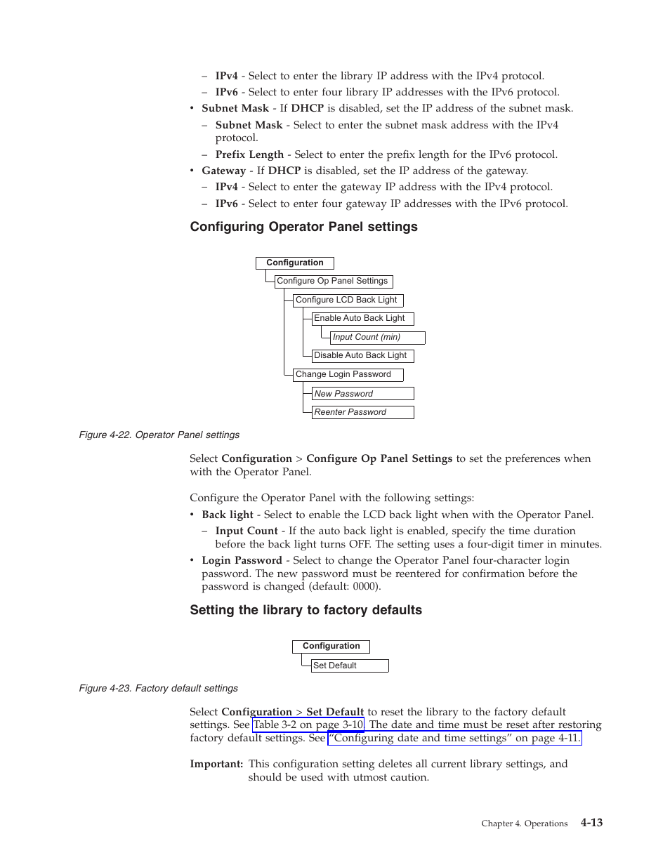 Configuring operator panel settings, Setting the library to factory defaults, Operator panel settings | Factory default settings | Dell PowerVault TL1000 User Manual | Page 81 / 194