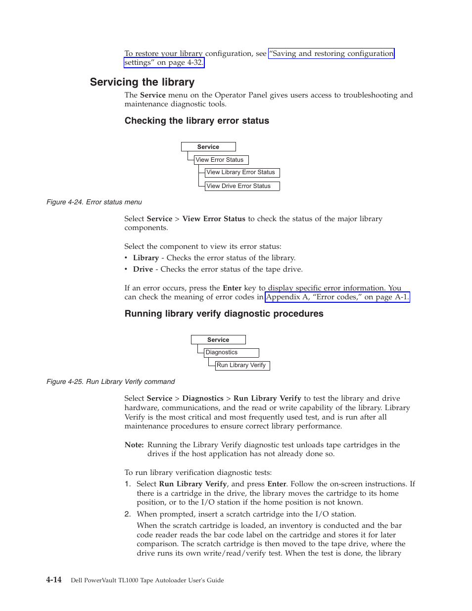 Servicing the library, Checking the library error status, Running library verify diagnostic procedures | Error status menu, Run library verify command | Dell PowerVault TL1000 User Manual | Page 82 / 194